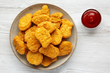 Homemade Chicken Nuggets with Ketchup, top view. Flat lay, overhead, from above.