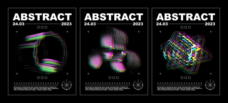 Glitch posters in techno style with abstract geometric shapes. With stereo effect, prints for T-shirts and hoodies. Isolated on black background