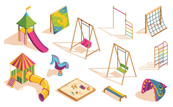 Isometric kids playground set. Isolated icons of play equipment for children. Sports equipment elements. Vector illustration
