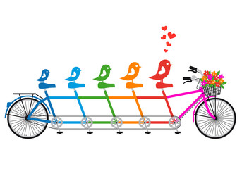 Colorful tandem bicycle with five seats and cute birds, family concept, illustration on a transparent background, PNG image