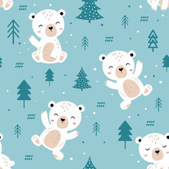 Cute polar bear seamless pattern on blue background. Polar bear, snow and forest element. Kids collection. Vector illustration. design for fabric, textile, wrapping, wallpaper, kids fashion