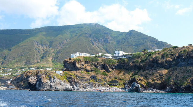 Aeolian Islands, Sicily. View of Scario beach from the sea, at Salina island.