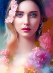 Naklejka premium Colorful painting of a beautiful woman's face, Portrait of a beautiful woman with flowers. Generative AI