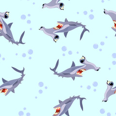 Obraz premium Pattern of sharks in cartoon style on a light pink background for print and design. Vector illustration.