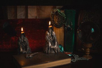 Concept removing bad negative energy, candles and other magical elements on a table, vintage elements 