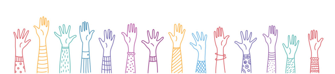 Group of diverse human arms with accessories rising together.