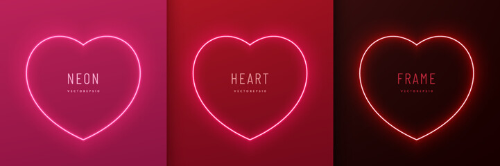 Set of neon light heart shape frame design on red, pink, black background. Elements valentine day festival design. Collection of geometric backdrop for product display in top view scene. Vector EPS10. - obrazy, fototapety, plakaty