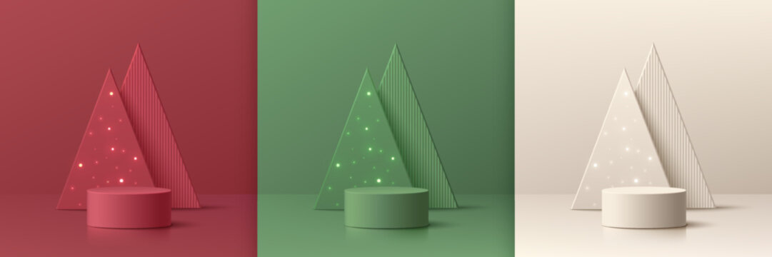 Set of 3D abstract background with red, cream, green realistic cylinder podium. Neon bulb light on triangles christmas tree. Vector mockup product display. New year minimal wall scene. Stage showcase.