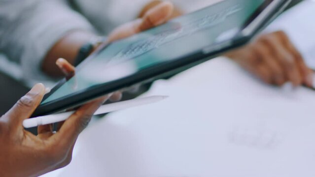 Tablet, engineering and design people in office meeting with motor, engine or energy saving model design with pen sketch. CAD software, business hands and zoom technology or digital product designing