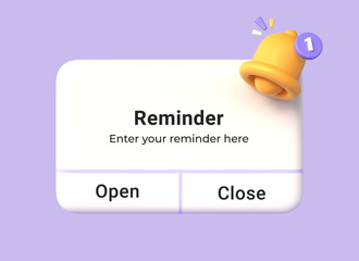 3d notification box with yellow bell and open button in cartoon style. concept of reminder or business planning event. illustration isolated on purple background. 3d rendering