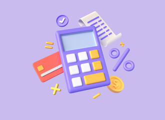 3d calculator, coin and credit card in cartoon style. concept of financial management or money planning. taxes and finance. illustration isolated on purple background. 3d rendering