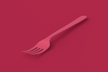 Fork of magenta on red background. Color of the year 2023. 3d render