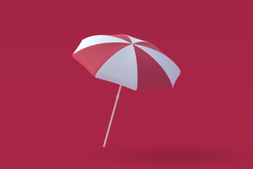 Beach umbrella of magenta on red background. Color of the year 2023. 3d render