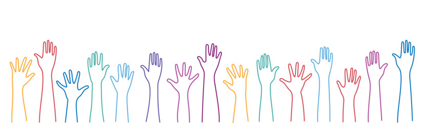 Hands raised up. Group of diverse human arms.