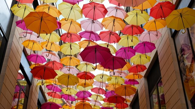 Bordeaux, France. Decoration with umbrellas at a mall in the historic district.