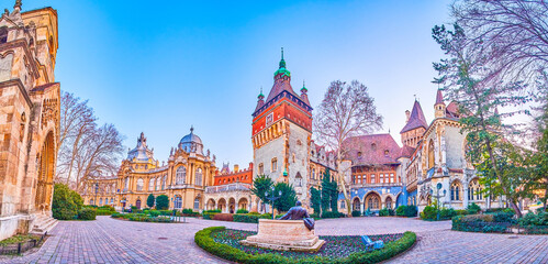 Panorama of Vajdahunyad Castle's courtyard with its outstanding Jak Chapel, Budapest, Hungary © efesenko