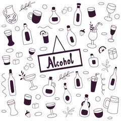 Alcohol doodle set. Collection of hand drawn sketches templates of alcoholic beverages. Template for wrapper or menu