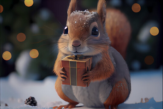 A little squirrel opening a gift at a snowy park
