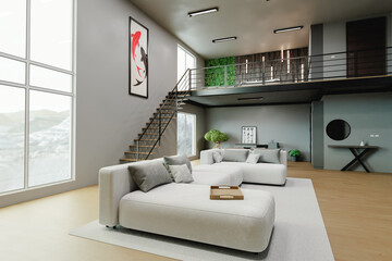 Bright interior space with two floors and modern decoration 3d render