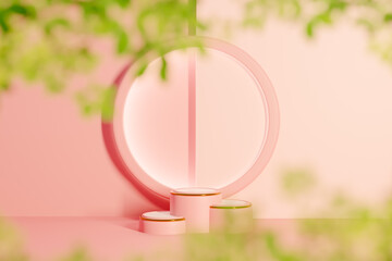 Ring lamp on table with pink product stand