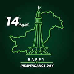 14 August Pakistan Independence Day. Map and Minar-e-Pakistan line art.