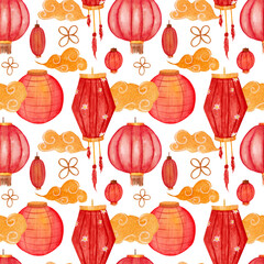 Watercolor bright seamless pattern with golden clouds and lanterns on white background for Chinese New Year etc.