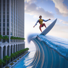 Surfer riding a wave about to break against a skyscraper. Generative AI. For concepts of sea-level rise and climate change, imminence, taking risks and state of mind.
