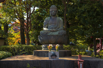 This image shows a temple statue surrounded by nature in Japan.