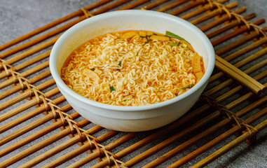 Korean instant spicy ramen dish in white bowl on table