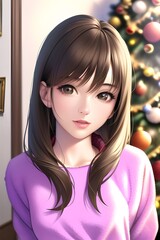 Beautiful woman portrait in front of winter christmas tree in anime style digital painting illustration