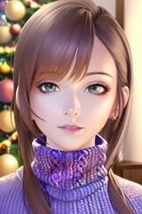 Fototapeta premium Beautiful woman portrait in front of winter christmas tree in anime style digital painting illustration
