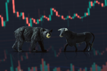 Close up shot of a Bear and bull on a stock market chart background.