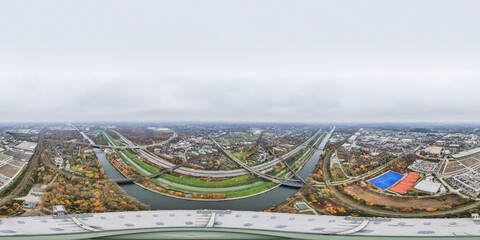 360 Grad Luftaufnahme Industriegebiet Gasometer Oberhausen Gasspeicher Rhein-Herne-Kanal