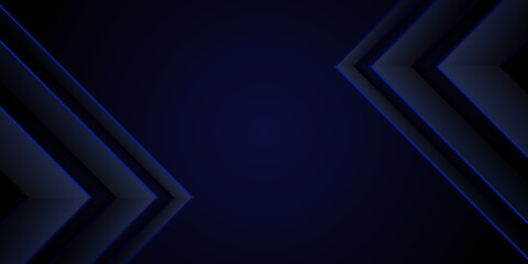 Blue arrowhead right triangle. Dark gradient abstract background. Design element for template, card, cover, banner, poster, backdrop, wall. Vector illustration.