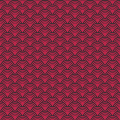 Fototapeta premium Red and black fish scales pattern. Seamless background. Trend color of the year 2023 Viva Magenta. Design texture elements for banners, covers, posters, backdrops, walls. Vector illustration.