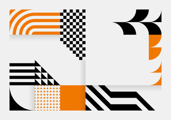 Simple background in Bauhaus style. Abstract geometric patterns in white, black and orange. Template design for posters, banners, websites. Vector illustration.