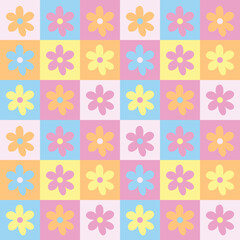Cute y2k bright spring patchwork minimalist floral seamless pattern background print. Pastel colored checkerboard backdrop. Modern, trendy, bright vector design wallpaper