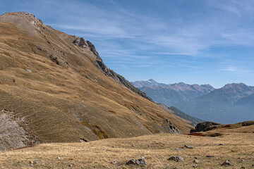 Fototapeta na wymiar Up and down hike to Col de la Pisse from Lac des Partias in Partias Nature Park, Hautes-Alpes, Briancon, France