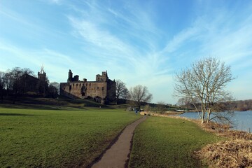 Linlithgow Loch, with Linlithgow Palace and St Michael's Church in the background.