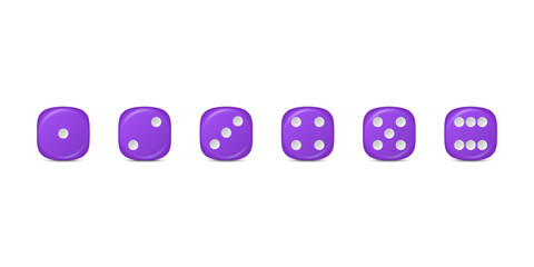 Vector 3d Realistic Purple Game Dice Icon Set Closeup Isolated. Game Cubes for Gambling, Casino Dices From One to Six Dots, Round Edges