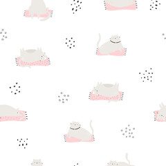 Seamless pattern with funny lazy cats lying on carpets