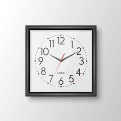Vector 3d Realistic Black Square Wall Office Clock, Design Template Isolated. White Frame, White Dial, Mock-up of Wall Clock for Branding and Advertise Isolated. Clock Face Design