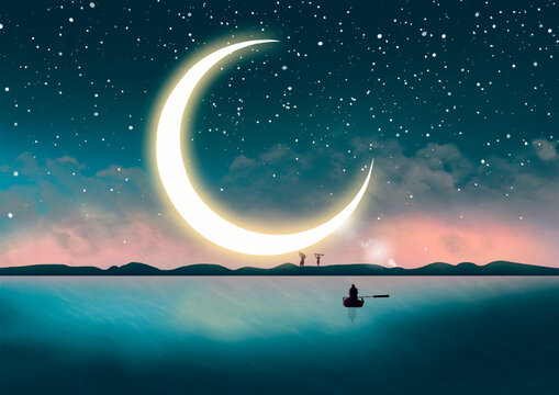 Night ocean landscape, moon and stars above the sky with the crescent moon in the starry night, digital art style, illustration painting.
