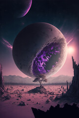 Purple alien landscape broken moon falling to pieces, space fantastic landscape, art illustration
