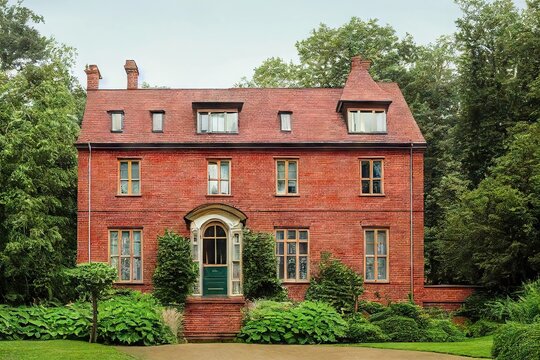 Large Red Brick Country Mansion With Staircase And Porch In Classic Style House Exterior