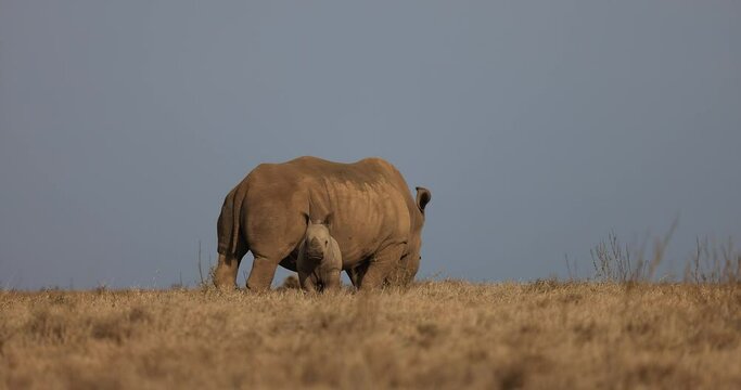 A white rhinoceros and her calf walking in the savannah in Kenya