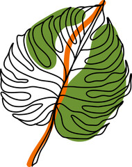 One line continuous modern tropical hawaiian leaf with green spot. Floral isolated element