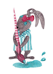 The black hare paints with a brush. Isolated watercolor illustration of a funny rabbit. Ideal for decorating textiles, wallpaper and accessories in a child's room