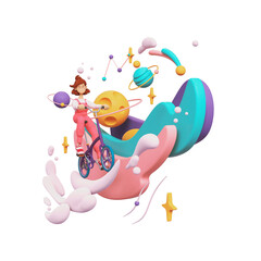 Floating kawaii funny girl wears red overalls rides bicycle up on clouds in pink purple turquoise space, stars, planets, yellow moon. Minimal art, moving forward. 3d render isolated on white backdrop.