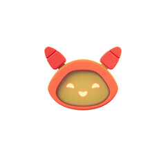 Friendly positive cute orange robot girl with ears, eyes, glowing yellow smiling face on green screen. Customer support service chat bot. Head chatbot assistant. 3d render isolated on white backdrop.